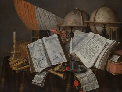 A Vanitas Still Life with a Flag, Candlestick, Musical Instruments, Books, Writing Paraphernalia, Globes, and Hourglass — Evert Collier