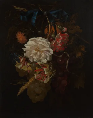 Bouquet of Flowers and Fruit with Blue Ribbon — Maria van Oosterwijck