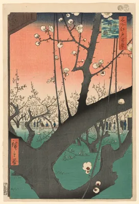 Plum Garden at Kameido (Kameido Umeyashiki), from the series "One Hundred Famous Views of Edo (Meisho Edo hyakkei)" — Utagawa Hiroshige