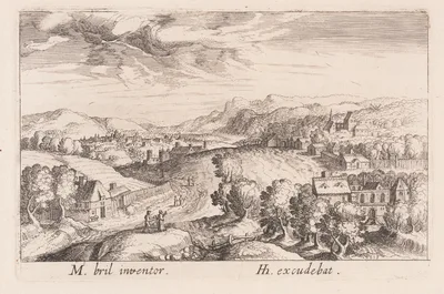 Hilly Landscape with Three Couples, from Topographia Variarum Regionum — Simon Frisius