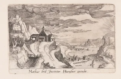 Landscape with a River Valley and a Church on a Hill, from Topographia Variarum Regionum — Simon Frisius
