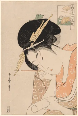 Hanaogi of the Ogiya, from the series "Renowned Beauties Likened to the Six Immortal Poets (Komei bijin rokkasen)" — Kitagawa Utamaro