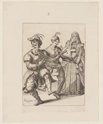 A Veiled Woman with Two Musicians Playing a Gridiron and a Bellows, from The Masquerades — Jacob de Gheyn II