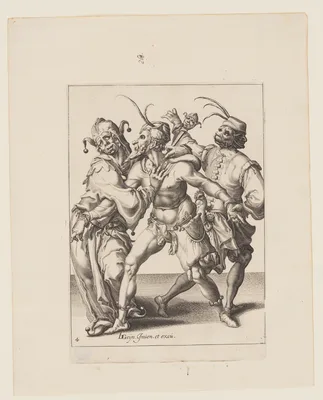 Three Dancing Mummers including a Jester, from The Masquerades — Jacob de Gheyn II