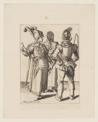 A Grandee in Eastern Dress, a Man with a Cock attached to his Belt and a Veiled Woman Playing the Rumbling-Pot, from The Masquerades — Jacob de Gheyn II
