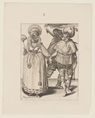 Man with a Turban Leading a Woman who is Wearing Peacock Feathers, behind them a Torchbearer, from The Masquerades — Jacob de Gheyn II