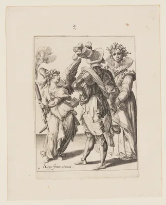 A Blindfold Cupid Holding a Torch before a Couple, from The Masquerades — Jacob de Gheyn II