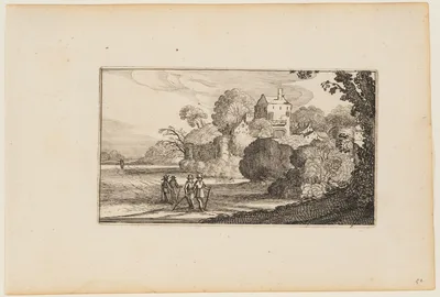 Path to Left of Walled Building Complex Amid Trees, from Twelve landscapes with Figures — Gillis van Scheyndel
