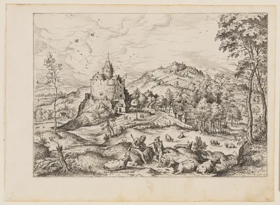 Mercury Lulling to Sleep Argus, from Landscapes with Biblical and Mythological Scenes — Hieronymus Cock