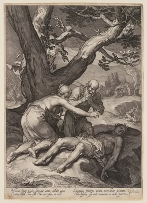 Adam and Eve Lamenting over the Corpse of Abel, from History of the First Parents of Man — Jan Saenredam