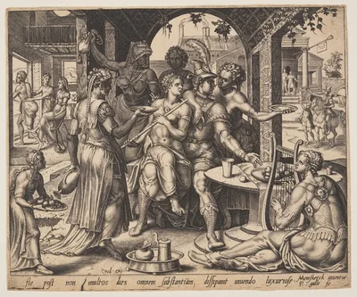 The Prodigal Son Squandering his Inheritance on Harlots, from The Parable of the Prodigal Son — Philip Galle