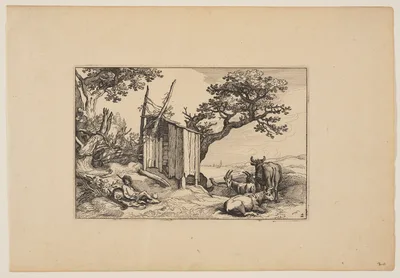 Dilapidated Barn with Herd and Cattle, from Landscapes (Verscheyden aerdige Lanthuysen...) — Claes Janszoon Visscher II