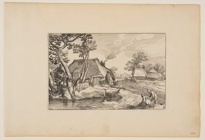 Old Man and Woman Resting at a Pond, from Landscapes (Verscheyden aerdige Lanthuysen...) — Claes Janszoon Visscher II
