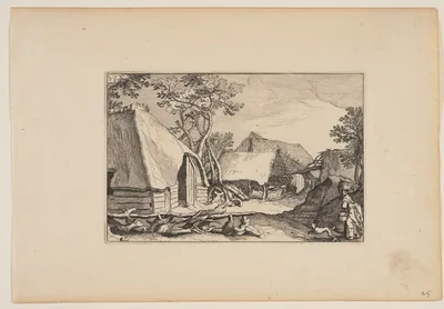 Barns, Woman and Dog in Right Foreground, from Landscapes (Verscheyden aerdige Lanthuysen...) — Claes Janszoon Visscher II