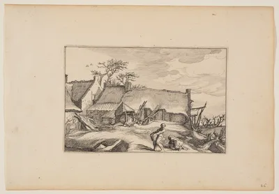 A Farmhouse, Man Carrying a Basket in Foreground, from Landscapes (Verscheyden aerdige Lanthuysen...) — Claes Janszoon Visscher II
