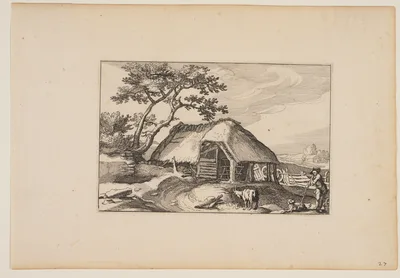 Barn, Herd Resting on his Stick in Right Foreground, from Landscapes (Verscheyden aerdige Lanthuysen...) — Claes Janszoon Visscher II