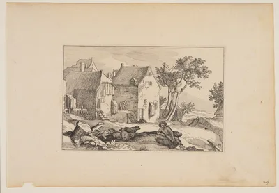 A Farmyard, Resting Shepherd in Centre Foreground, from Landscapes (Verscheyden aerdige Lanthuysen...) — Claes Janszoon Visscher II