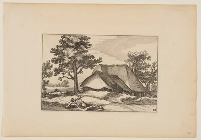 Barns, Resting Herd and Dog in Centre Foreground, from Landscapes (Verscheyden aerdige Lanthuysen...) — Claes Janszoon Visscher II