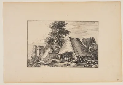 Farm with Shed for a Cart, from Landscapes (Verscheyden aerdige Lanthuysen...) — Claes Janszoon Visscher II