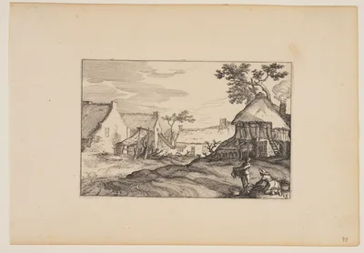 Farmyard Young Man and Woman in Foreground, from Landscapes (Verscheyden aerdige Lanthuysen...) — Claes Janszoon Visscher II