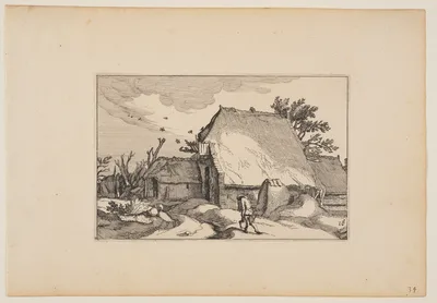 A Farm, Man with Two Buckets on Path in Front, from Landscapes (Verscheyden aerdige Lanthuysen...) — Claes Janszoon Visscher II