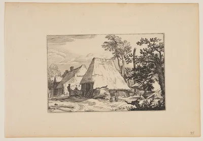 Farmyard, Man Resting on a Fence left of Centre, from Landscapes (Verscheyden aerdige Lanthuysen...) — Claes Janszoon Visscher II