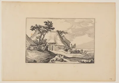 Barns, Resting Man with Basket of Eggs in Foreground, from Landscapes (Verscheyden aerdige Lanthuysen...) — Claes Janszoon Visscher II