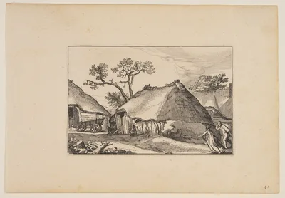Two Barns, Cart at Left, from Landscapes (Verscheyden aerdige Lanthuysen...) — Claes Janszoon Visscher II