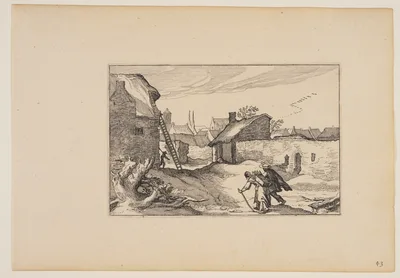 A Village, Ladder Standing against House on Left, from Landscapes (Verscheyden aerdige Lanthuysen...) — Claes Janszoon Visscher II