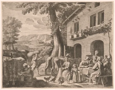 A Farmer Seated at the Table with His Family, Plate 13 from Pastorales — Claudine Bouzonnet-Stella