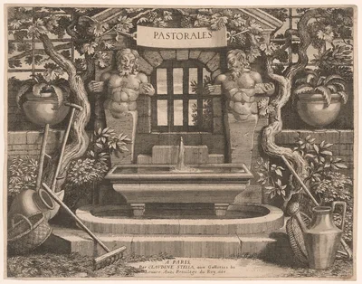 Title Plate with Rustic Fountains and Dedication, from Pastorales — Claudine Bouzonnet-Stella
