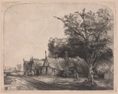 Landscape with Three Gabled Cottages Beside a Road — Rembrandt