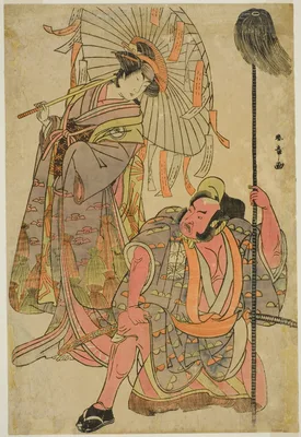 The Actors Ichimura Uzaemon IX as Hata no Daizen Taketora Disguised as the Yakko Matahei (right), and Iwai Hanshiro IV as Umegae Disguised as the Poem-Diviner Omatsu (left), in the Play Mukashi Otoko Yuki no Hinagata, Performed at the Ichimura Theater in the Eleventh Month, 1781 — Katsukawa Shunshō
