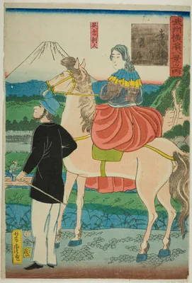 English Watching Descending Geese at Yoshida Bridge (Yoshida-bashi no rakugan, Igirisujin) , from the series "Eight Views of Yokohama in Musashino Province (Bushu Yokohama hakkei no uchi)" — Utagawa Yoshitora