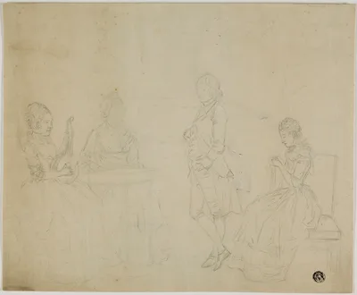 Sketch of Family Group with Three Seated Women and Young Man Standing — Johann Friedrich August Tischbein