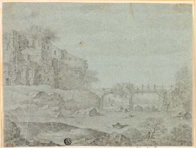 Ruins Overlooking River with Bridge — Adriaen van de Venne