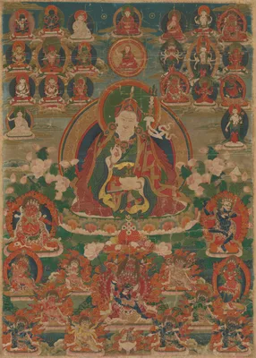 Painted Banner (Thangka) of Sage Guru Padmasambhava Seated Holding a Thunderbolt (Vajra) and Skull Cup (Kapala)