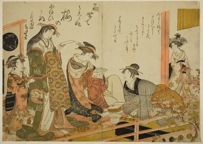 The Courtesans Utagawa and Nanasato from the Yotsumeya, from the album "Comparing New Beauties of the Yoshiwara - A Mirror of Their Own Writings (Keisei shin bijin awase jikihitsu kagami)" — Santō Kyōden