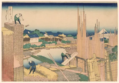 Tatekawa River Lumberyard at Honjo (Honjo Tatekawa), from the series "Thirty-six Views of Mount Fuji (Fugaku sanjurokkei)" — Katsushika Hokusai