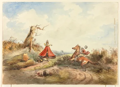 Horse with Rider Shying Away From Woman with Dog — Hablot Knight Browne