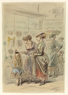 Two Ladies and Little Girl Before Hairdresser's Shop — Hablot Knight Browne