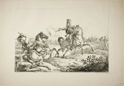 Hussar Discharging his Pistol at a German Dragoon — Carle Vernet