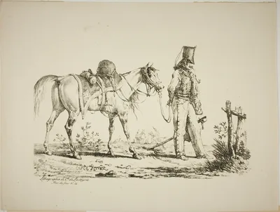 Hussard Walking in Front of his Horse, Smoking a Pipe — Carle Vernet