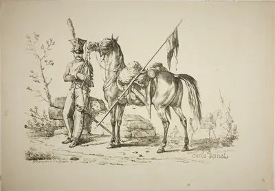 Lancer on Foot Walking Next to his Horse — Carle Vernet