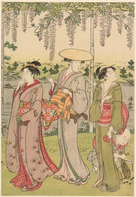 Admiring the wisteria at Kameido Shrine — Torii Kiyonaga