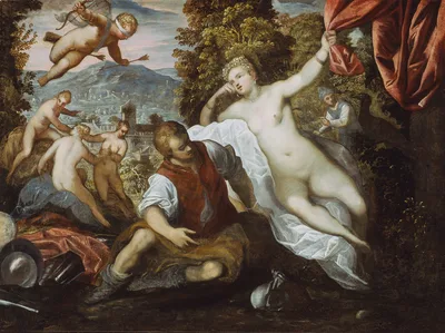 Venus and Mars with Cupid and the Three Graces in a Landscape — Domenico Tintoretto