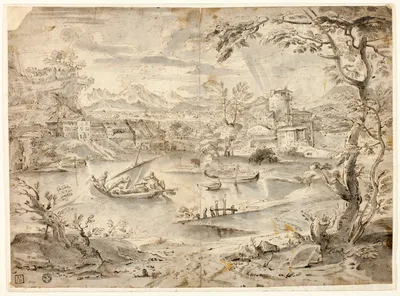 View of City with Fishing Boat in Foreground — Paul Bril