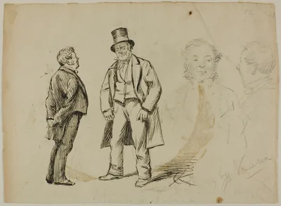 Sketch of Two Standing Men and Two Portaits — Charles Keene