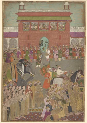 A Procession Scene with Musicians, from a copy of the Padshanama — Mughal