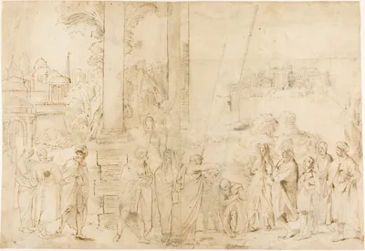 Saint Paul Baptizing Dionysus the Areopagite (recto); Sketches of Baby, Hands (verso) — Antonio Marziale Carracci